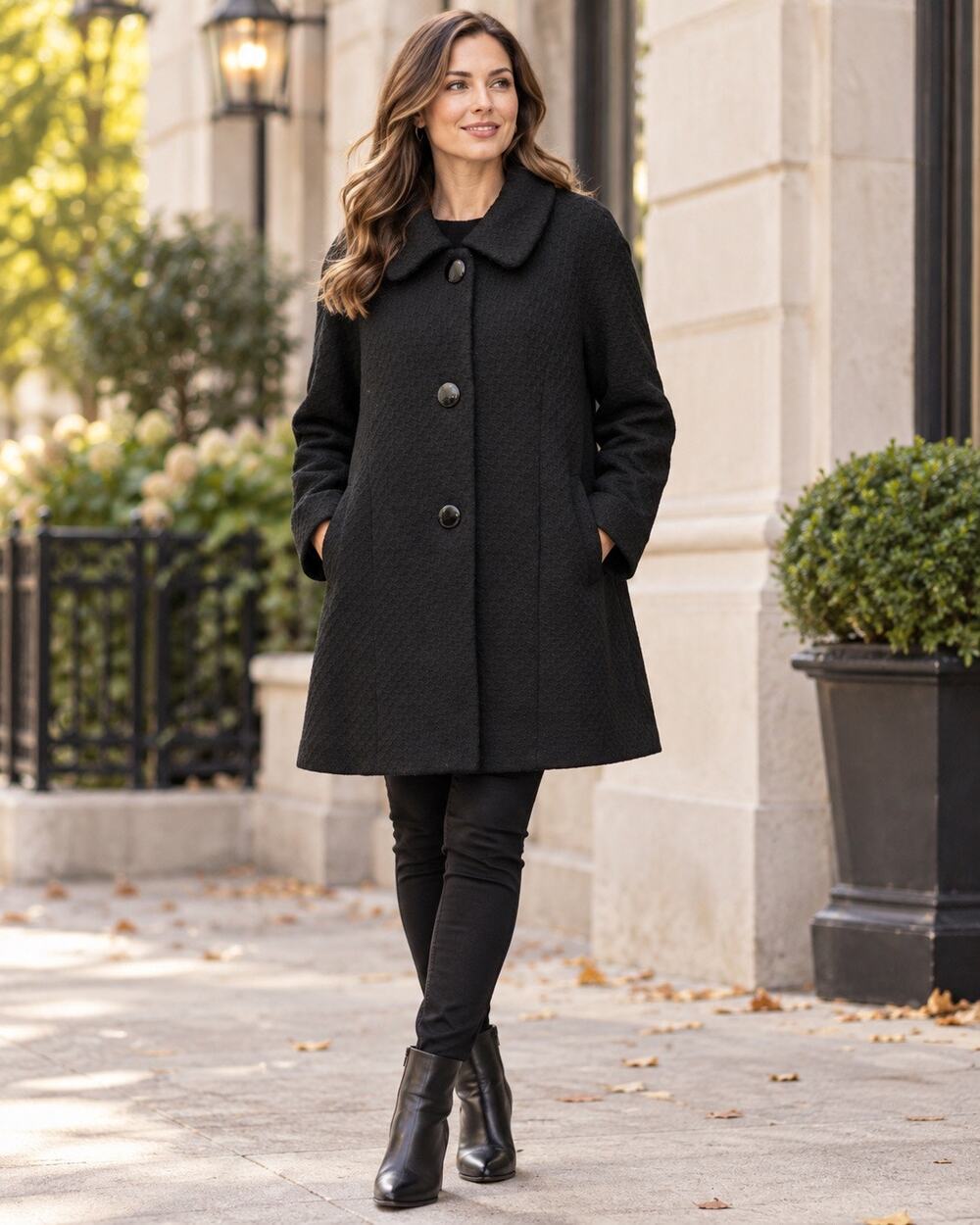 Style & Co Black Textured Swing Coat XL Button Front Collared A Line Jacket